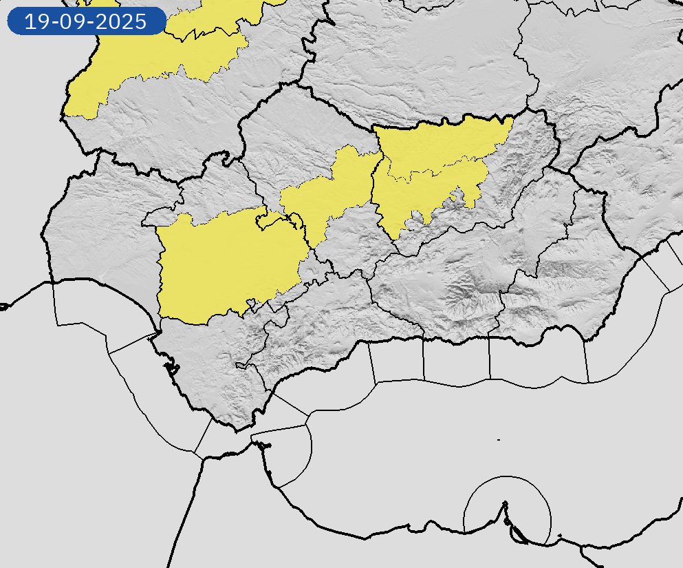 18/09 10:42 Avisos  activos hoy y mañana en Andalucía por temperaturas máximas. Nivel máximo de aviso: amarillo.
Actualizaciones en aemet.es/es/eltiempo/pr…