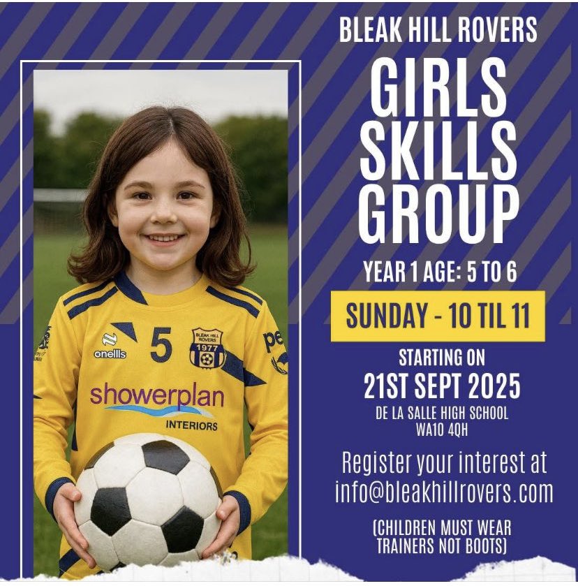 Are you looking to follow in the footsteps 
of the Lionesses? 🏴󠁧󠁢󠁥󠁮󠁧󠁿

Bleak Hill Rovers are relaunching the U6
girls’ football skill development groups-
open to all abilities and skill levels.

Register your interest and email 
info@bleakhillrovers.com for more details! ⚽️
