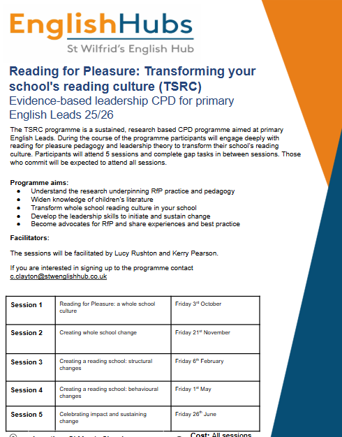 StWEnglishHub's tweet photo. 📚Interested in developing a love of reading in your school? 📚
We have had the most amazing feedback from school's that participated on out TRSC programme last year. 
If you would like to sign up to this year-long CPD, email 📩c.clayton@stwenglishhub.co.uk 
#RfP #FREECPD https://t.co/7liNjdayte