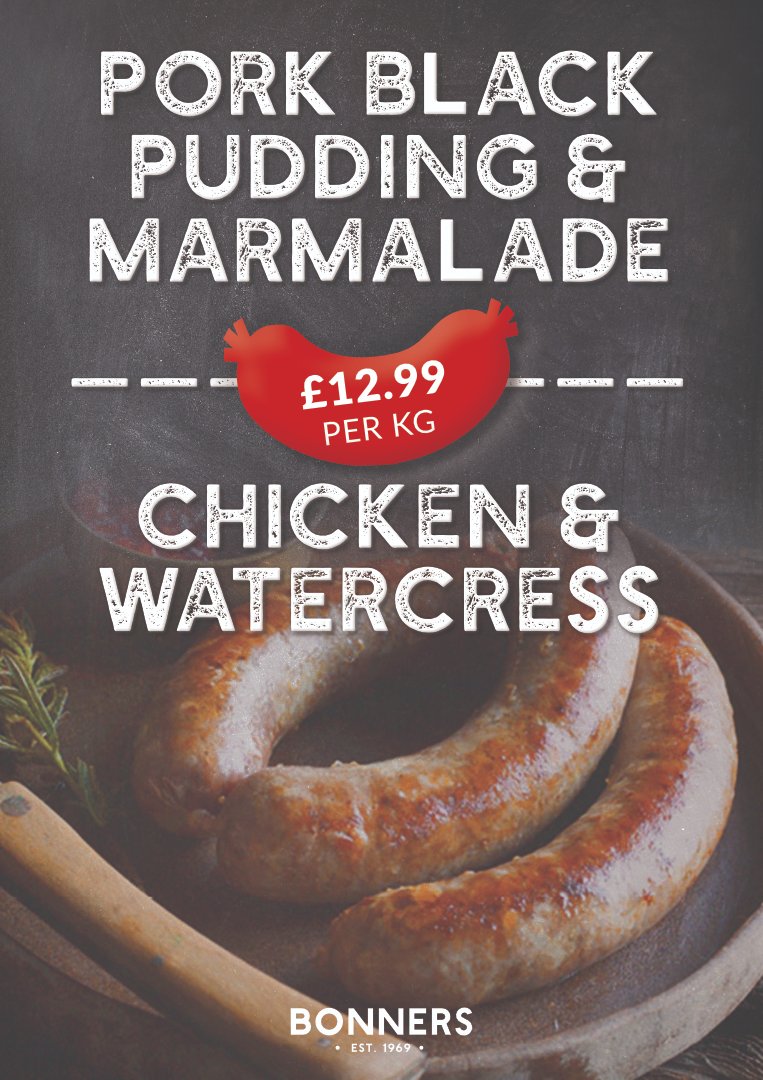 Your lovely SOTW flavours this week.

PORK, BLACK PUDDING &amp; MARMALADE - £12.99 per kg.
CHICKEN &amp; WATERCRESS - £12.99 per kg.

#bonnersofilminster #bonnersthebutchers #butchershop #supportlocal #ilminster #shoplocal #sausageoftheweek #sotw