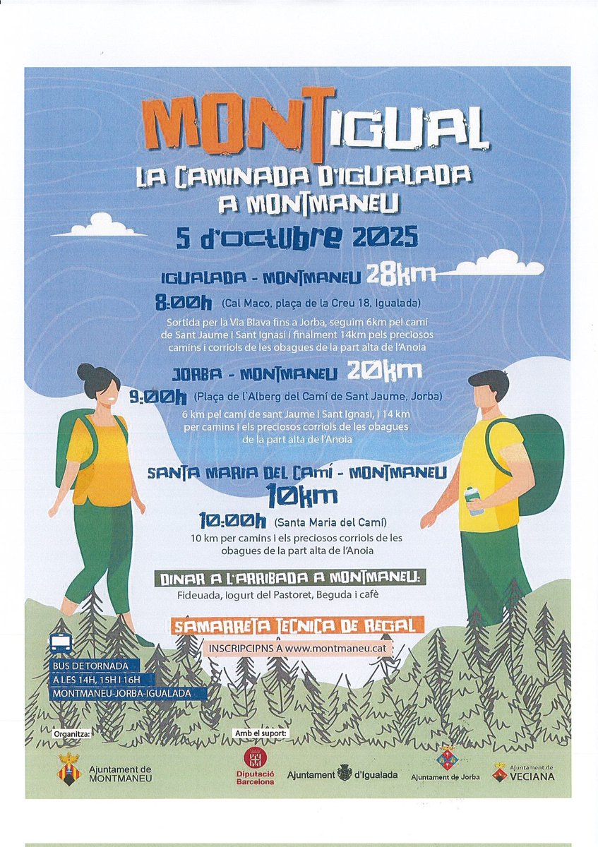 AjMontmaneu's tweet photo. El proper diumenge 5 d'octubre arriba la quarta edició de la #MONTIGUAL, una activitat esportiva, lúdica i turística organitzada per l'Ajuntament de #Montmaneu, amb el suport de l'Ajuntament d'#Igualada i la col•laboració dels Ajuntaments de #Jorba i #Veciana respectivament. https://t.co/reUJBvwJax