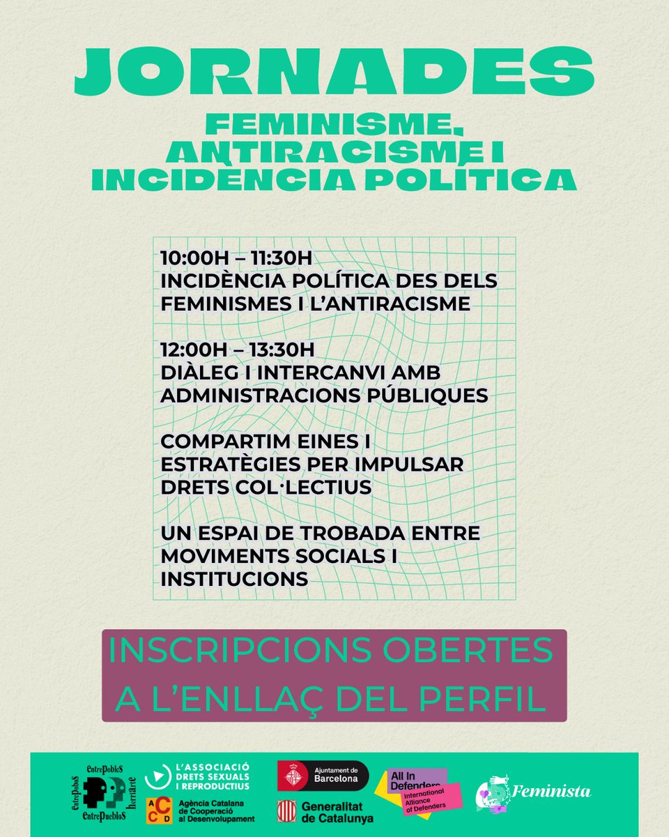 📢 Jornades Feminisme, Antiracisme i Incidència Política

🗓 14 d’octubre · 10h a 13:30h
📍 Lafede.cat (C/Tàpies 1-3, Barcelona)

Un espai per compartir estratègies i impulsar els drets col·lectius.

👉 Inscripcions obertes: forms.gle/t45jK5oZNLCytk…