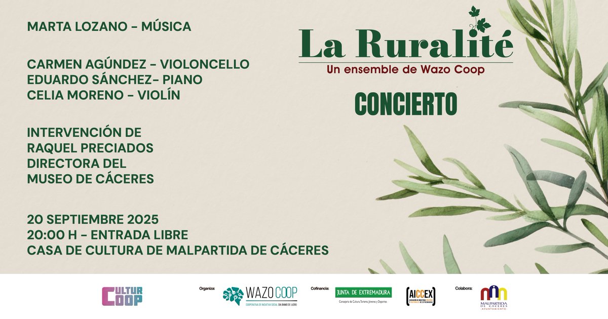 🎶 Música que transforma ✨
20 sept | 20:00h | Casa de Cultura, Malpartida de Cáceres. Entrada libre.
El Ensemble La Ruralité interpreta “Música Social” de Marta Lozano Molano: obras inspiradas en los ODS y en la fuerza del patrimonio rural.