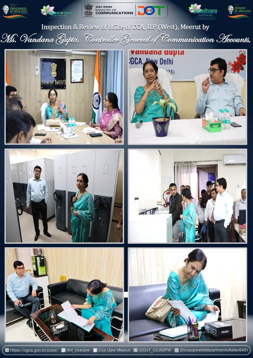DoT_CCAUPW's tweet photo. दिनांक १७.०९.२५ को श्रीमती वंदना गुप्ता, महानियंत्रक संचार लेखा ,नई दिल्ली ने नि.सं. ले, उ. प्र.(पश्चिम),मेरठ  कार्यालय का निरीक्षण किया। इस दौरान उन्होंने सभी अनुभागों का दौरा किया एवं समस्त अधिकारियों एवं कर्मचारियों को संबोधित कर,सेवाभाव से कार्य करने के लिए प्रेरित किया। https://t.co/OPLZvwp1HG