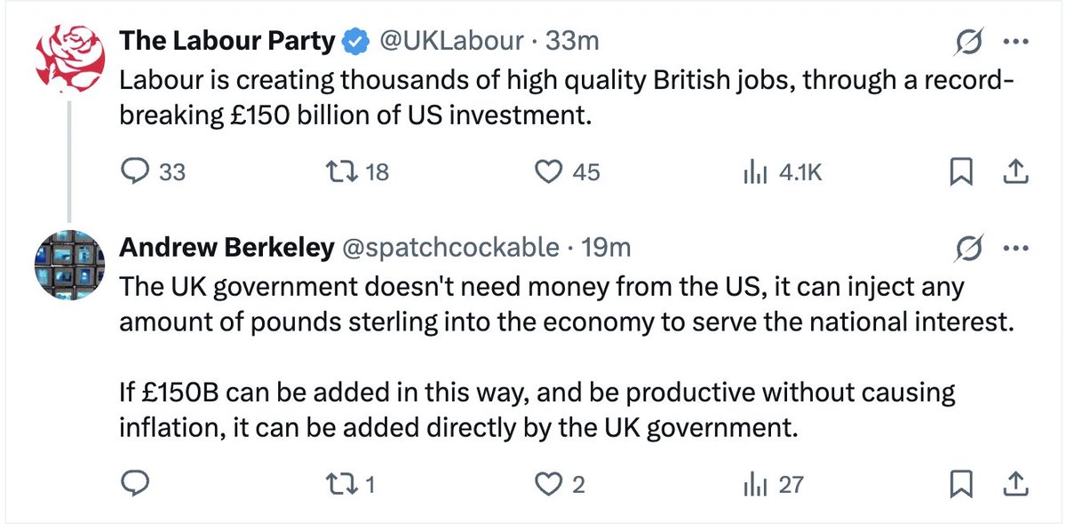 Beautifully put. It shows the madness at the heart of the UK's economic plan. We do not need money from the US. This merely transfers ownership of assets to the US. The absolute worst approach for an economy that should instead be focusing on creating a resilient economy.