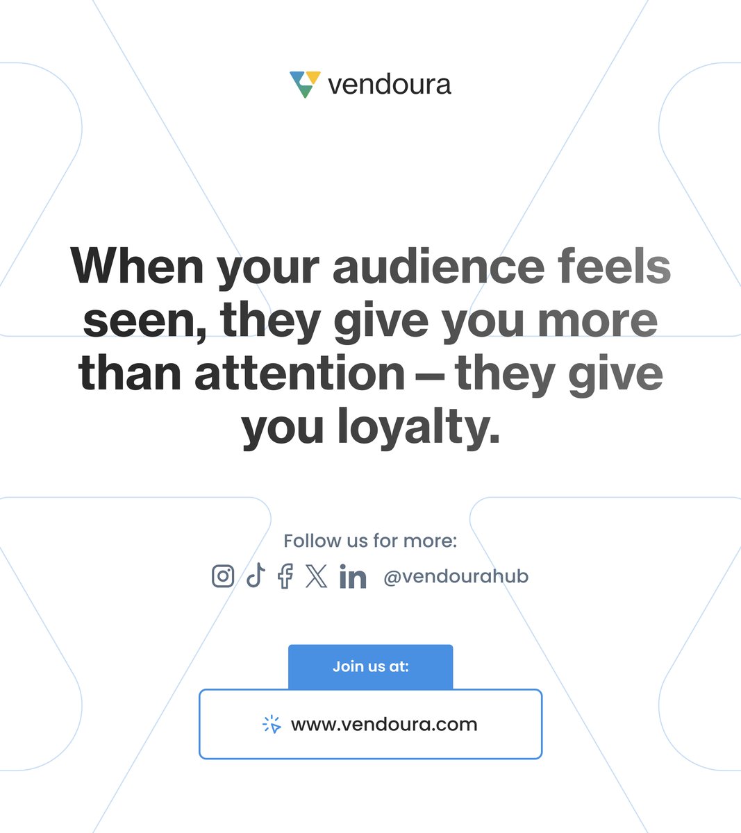 VendouraHub's tweet photo. ✨ When your audience feels seen, they give you more than attention — they give you loyalty.

👉 Follow @vendourahub for growth strategies.
🌐 Visit: https://t.co/F118pFo4nG
🤝 Join the hub today.
#CustomerConnection #BrandLoyalty #SmallBusinessTips #MarketingFacts #StorytellingMarketing