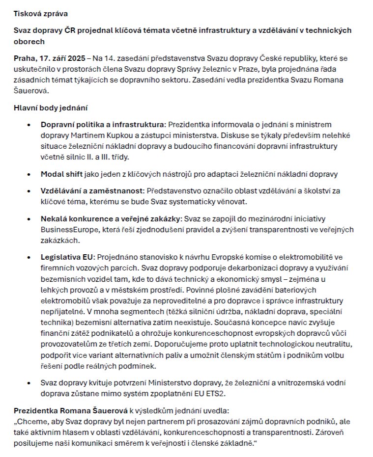 Vzdělávání, infrastruktura i posílení komunikace

Představenstvo Svazu dopravy ČR na svém zasedání projednalo aktuální výzvy dopravního sektoru. Klíčovým tématem se stalo vzdělávání v technických oborech a zaměstnanost, které Svaz označil za jednu priorit do dalších let.