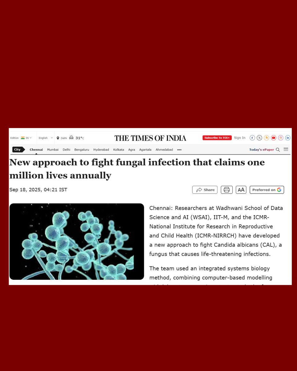 bicnirrh's tweet image. New approach to fight fungal infection that claims one million lives annually timesofindia.indiatimes.com/city/chennai/n… via @timesofindia @icmrnirrch @WSAI_IITM @ICMRDELHI 
#Bioinformatics #Genomics #candida #iitmadras #icmr