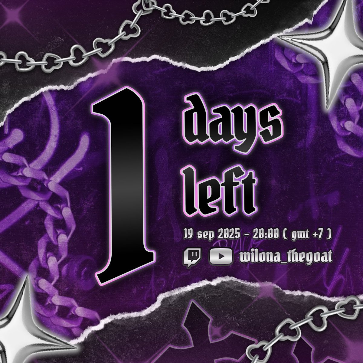 ˏˋ°•*⁀➷ 1 day remaining until 2.0 Debut &gt;ᴗ&lt;

พรุ่งนี้แล้วกับการเดินทางครั้งใหม่ของวิโลน่า มาร่วมให้กำลังใจวิลไปด้วยกันนะคะ! มาหาวิลกันเยอะๆน้า 😍

🗓️| 19 sep 2025
⏰| 20:00 (GMT+7)
🔴| youtube.com/live/IIXU-WeuQ…
🟣| twitch.tv/wilona_thegoat

#WilonaTheGoat #Vtuber #VtuberTH