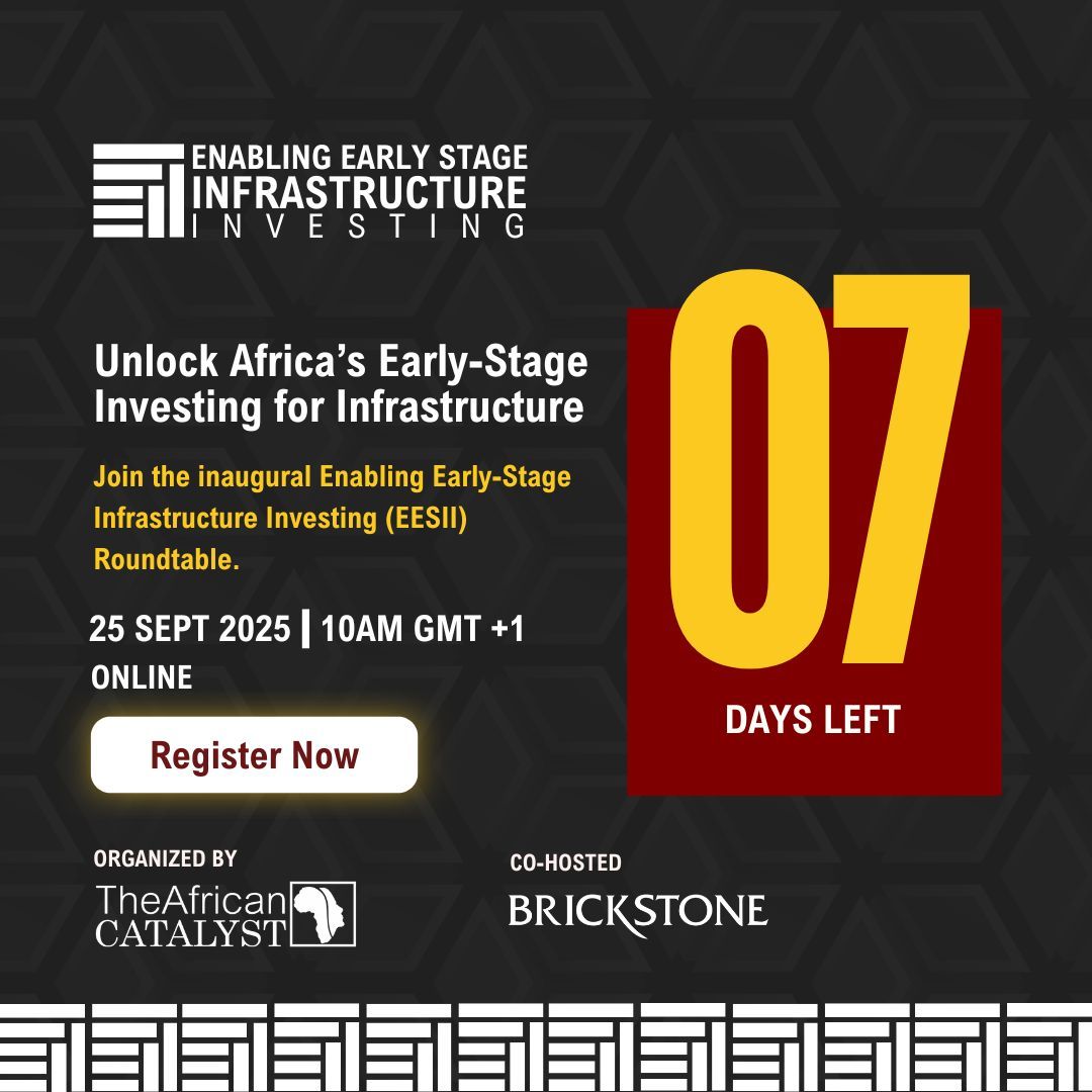 ⏳ 7 days to go!

Join the EESII Roundtable on 25 Sept 2025 (online via Teams).

💡 Panel: Unlocking early-stage capital
💡 InfraPitch: 4 transformative AUDA–NEPAD projects
💡 Real-time feedback + networking

🗓 25 Sept | 10 AM GMT+1
👉 Register FREE: theafricancatalyst.com/infrastructure…
