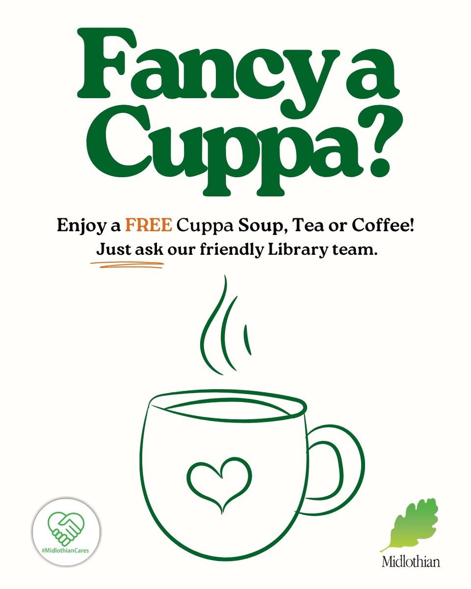 If you'd like a FREE hot drink or cuppa soup, but would rather not ask, our friendly Library teams are here to help 😊

Simply 'Ask for Alex' at the Library desks at #Danderhall, #Lasswade, #Loanhead and #Newbattle and and we will be happy to help you. 

#MidlothianCares
