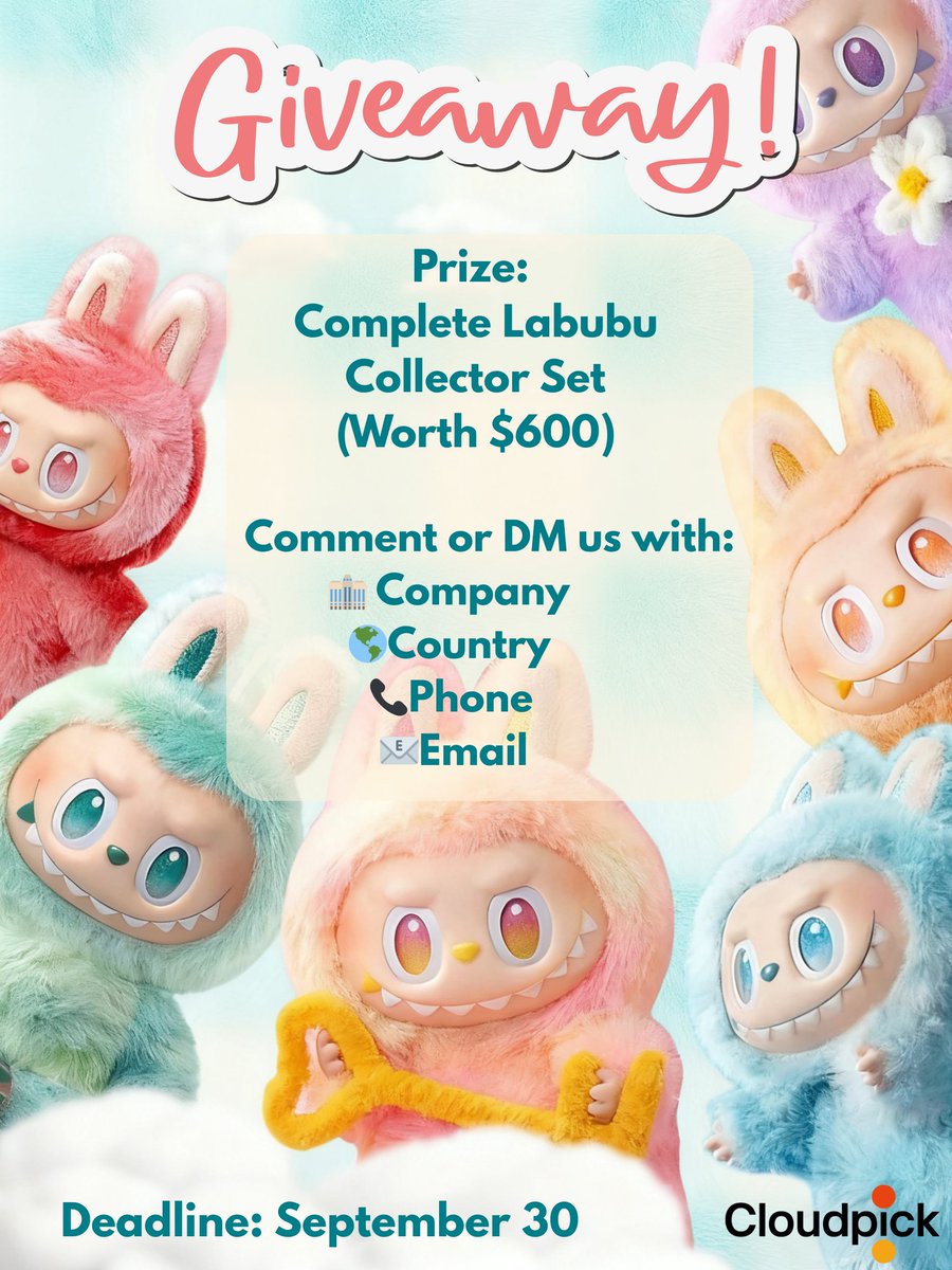 CloudpickTech's tweet image. 🎁 Giveaway Alert – Win a Full Labubu Set ($600)!
Exploring AI-powered unmanned stores or warehouses? Join now!
How to enter: Comment OR DM with your
🏢 Company | 🌎 Country | 📞 Phone | 📧 Email
📅 Deadline: Sept 30, 2025
#Cloudpick #Labubu #Giveaway
