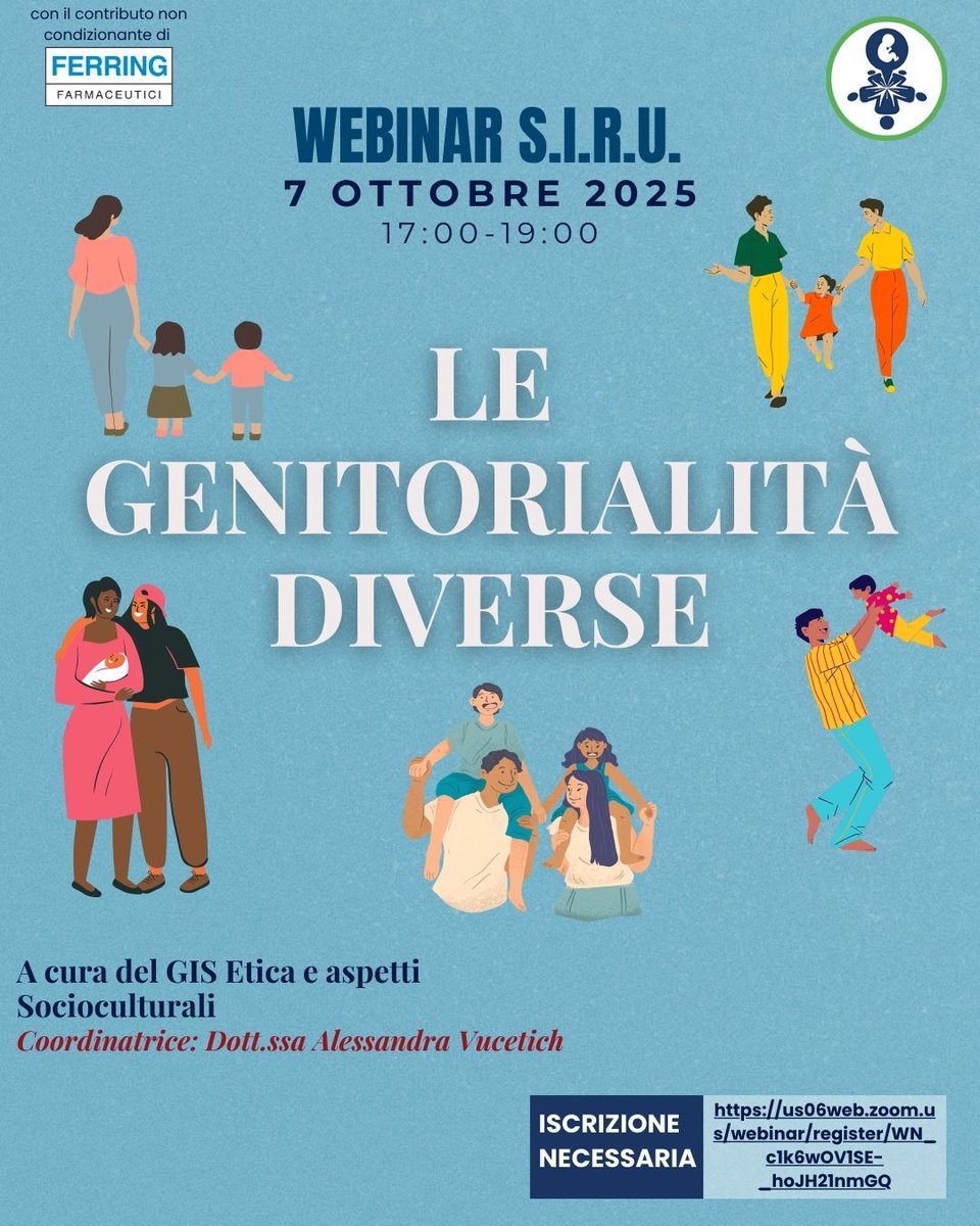 📅7 ottobre - Webinar SIRU 
Il GIS Etica e aspetti socio culturali presenta il webinar "Le Genitorialità Diverse", che vedrà la partecipazione di esperti per un confronto multiprofessionale su un tema di grande attualità.
👉Per programma e iscrizioni pmaumanizzata.com/306-Webinar_SI…
#siru