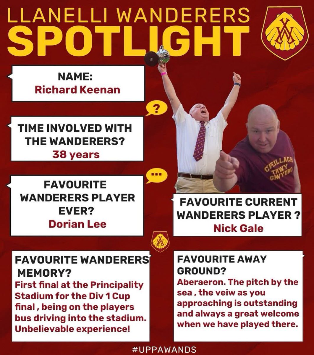 This week, we begin a new feature - Llanelli Wanderers Spotlight!
We will be asking questions of those behind the scenes that dedicate their time to supporting the club in any way possible!

First up is club stalwart, Richard Keenan!

#uppawands