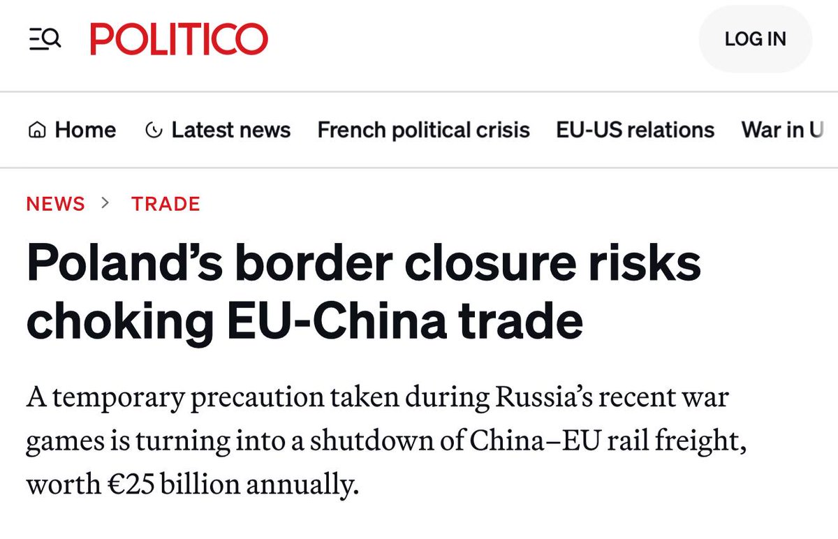 NEXTA (@nexta_tv) on Twitter photo Poland Shuts China’s Gateway to Europe
Politico reports that Poland’s closure of its border with Belarus has crippled a key EU–China trade route.
Rail freight worth an estimated €25 billion a year has effectively ground to a halt. Up to 90% of all cargo on the “New Silk Road” Poland Shuts China’s Gateway to Europe
Politico reports that Poland’s closure of its border with Belarus has crippled a key EU–China trade route.
Rail freight worth an estimated €25 billion a year has effectively ground to a halt. Up to 90% of all cargo on the “New Silk Road”