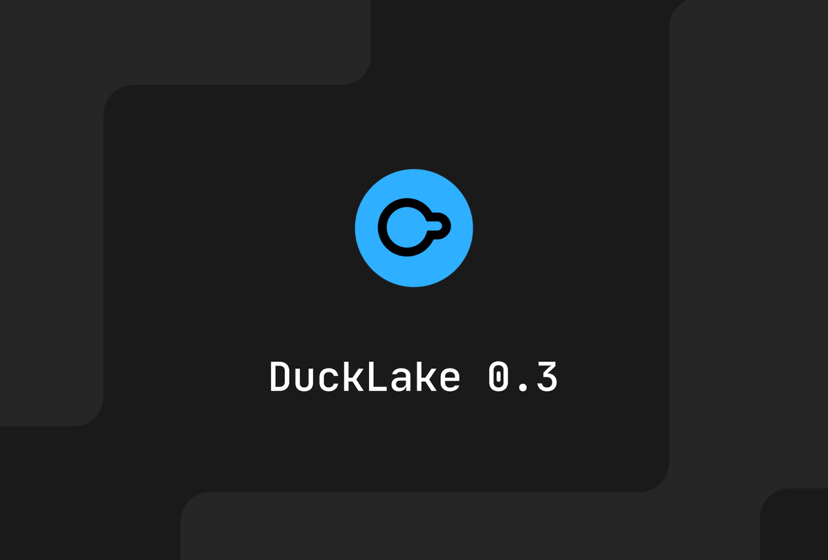 duckdb's tweet photo. 🚀 We released version 0.3 of the DuckLake specification and the DuckDB ducklake extension today. It includes interoperability with Iceberg, support for geometry types and more. 

Check the announcement blog for more details https://t.co/5vgQGhmgpi https://t.co/ZdqEyiGl3y