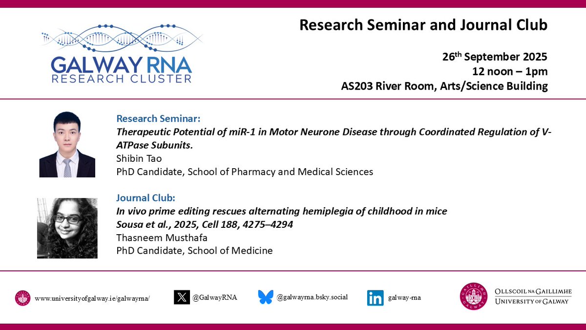 We’re excited to announce that our Research Talks &amp; Journal Club sessions are back!
📅 Join us on Friday, 26th September for the first session! #GalwayRNAResearchCluster