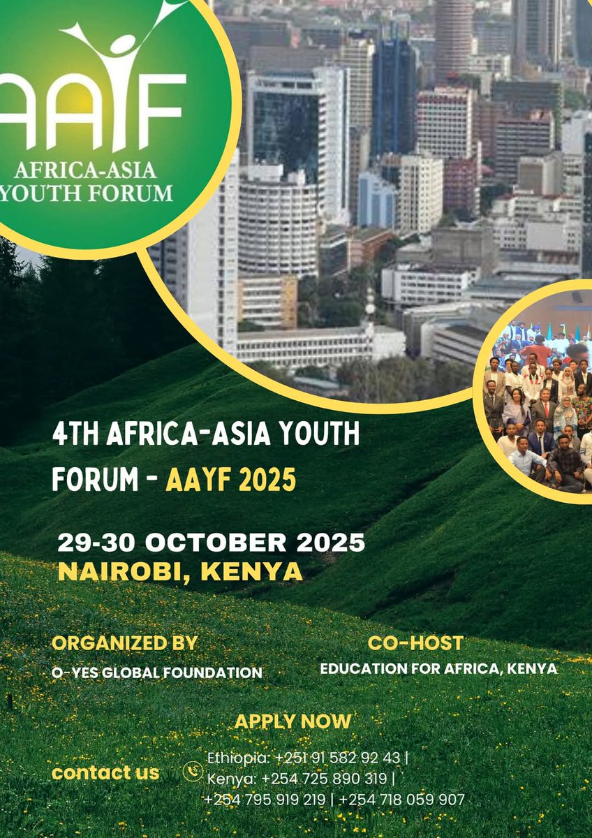 To the young vibrant leaders, innovators, entrepreneurs, and peace Ambassadors. A great opportunity for yourself in the Africa-Asia Youth Conference at the Kenya School of Government on the 29- 30th October, 2025. 

To participate, please register in the link below: