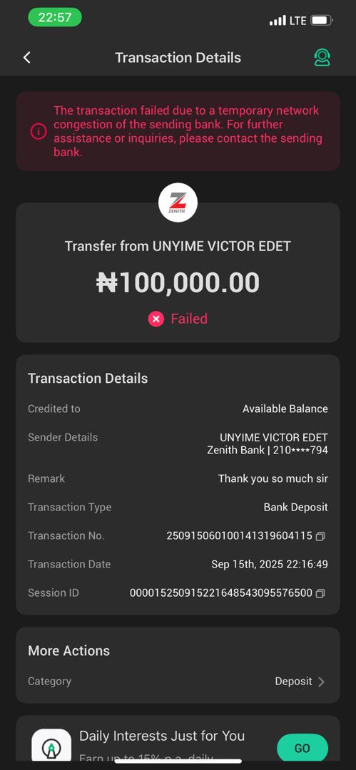 AssentChaste's tweet photo. @ZenithBank I made a transfer on Sept 15, 2025 at 10:16pm. From my end, it shows successful, but on the recipient’s end, it shows failed. Till today (Sept 18), no refund and the money hasn’t dropped. Please resolve this and refund my funds immediately. #ZenithBank https://t.co/s6RXB71i8R