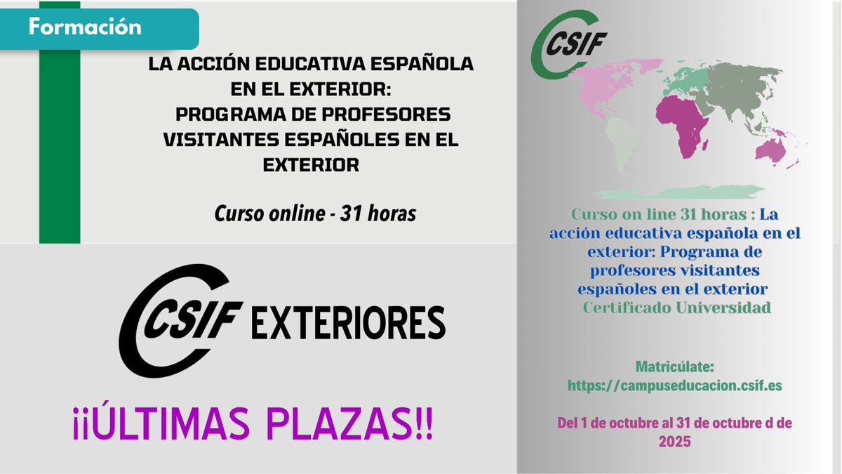 CSIF Educación CyL (@csifensenanzcyl) on Twitter photo 📌📌Curso on line 31 horas: la acción educativa española en el exterior: programa de profesores visitantes españoles en el exterior.
📅📆 Fechas de realización: del 1 de octubre al 31 de octubre de 2025.
📌 Más Información 👇👇 📲📲📲
csif.es/es/articulo/ca… 📌📌Curso on line 31 horas: la acción educativa española en el exterior: programa de profesores visitantes españoles en el exterior.
📅📆 Fechas de realización: del 1 de octubre al 31 de octubre de 2025.
📌 Más Información 👇👇 📲📲📲
csif.es/es/articulo/ca…