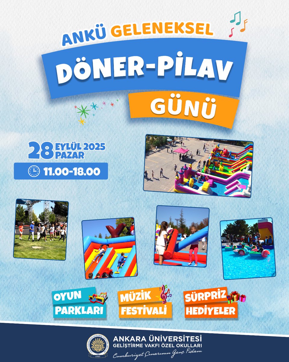 ANKÜ GELENEKSEL DÖNER-PİLAV GÜNÜ 🎉

🗓️ Tarih: 28 Eylül 2025 Pazar
⏰ Saat: 11.00 – 18.00
📍 Yer: Ankara Üniversitesi Geliştirme Vakfı Özel Okulları Kampüsü
