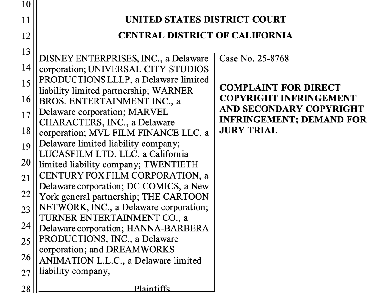 Disney v MiniMax is a very important development in the AI Wars because it is the first lawsuit from rightsholders against a Chinese company that has no legal presence in the US, so it could be a harbinger of things to come against foreign developers. courtlistener.com/docket/7135724…