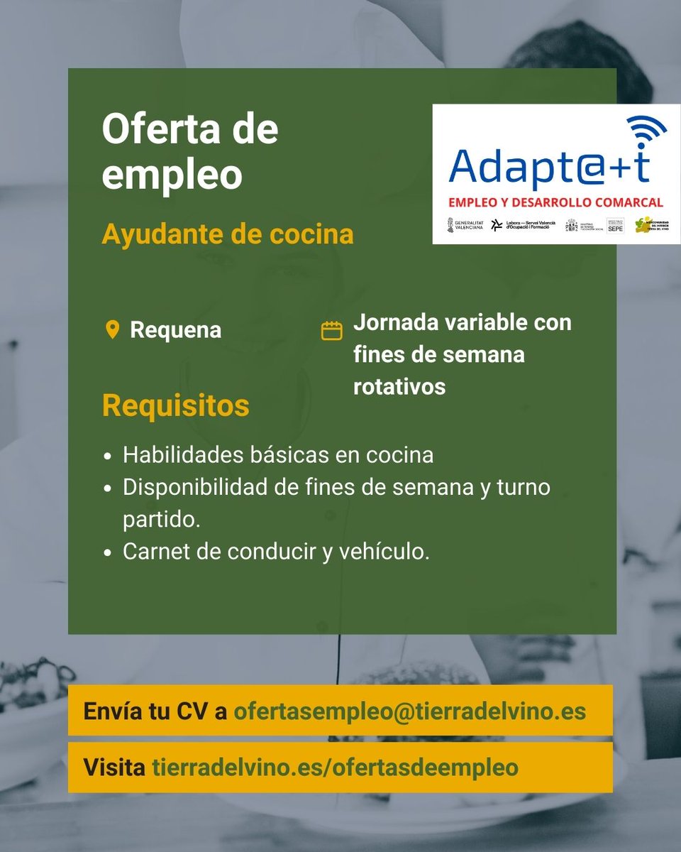 📢 Oferta de #empleo en Requena
👥 Ayudante de Cocina ttps://www.tierradelvino.es/aviso/ayudantea-cocina-4
📢 Si estás en situación de #desempleo Contacta con Adapt@+t

👥 Equipo Adapt@+t te ayuda a mejorar tus competencias #orientacionlaboral #formación #Labora #empleo
