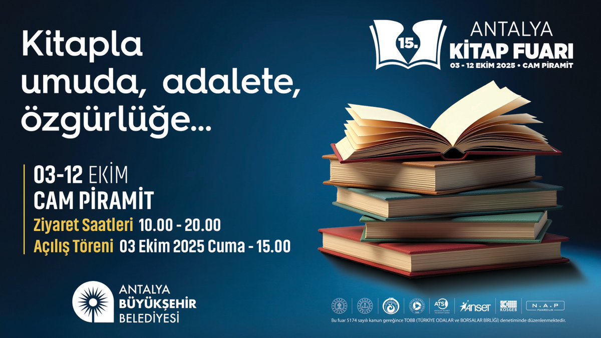 Kitapla umuda, adalete, özgürlüğe…

Başkanımız Muhittin Böcek’in öncülüğünde başlatılan ve artık bir gelenek haline gelen Antalya Kitap Fuarı’nın bu yıl 15’incisini düzenliyoruz.

Birbirinden değerli yazarlarımızın katılacağı, söyleşiler ve imza günleriyle dolu dolu geçecek bu