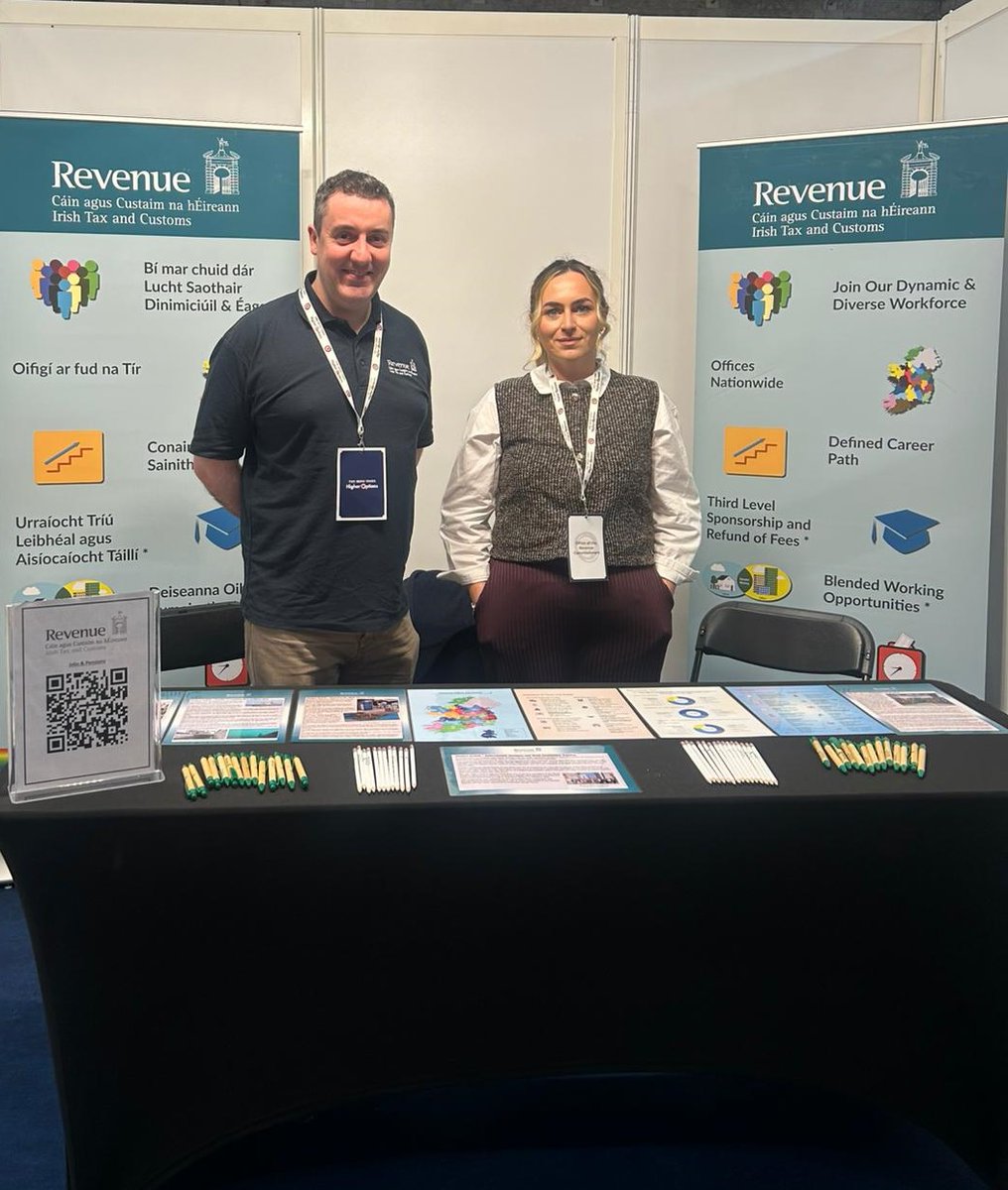RevenueIE's tweet photo. We're excited to be at Day 2 of #HigherOptions in the RDS. Drop by Stand 16 to chat with us about rewarding career in Revenue. Don't miss out! #careersthatmatter https://t.co/y3EYSBzmY2