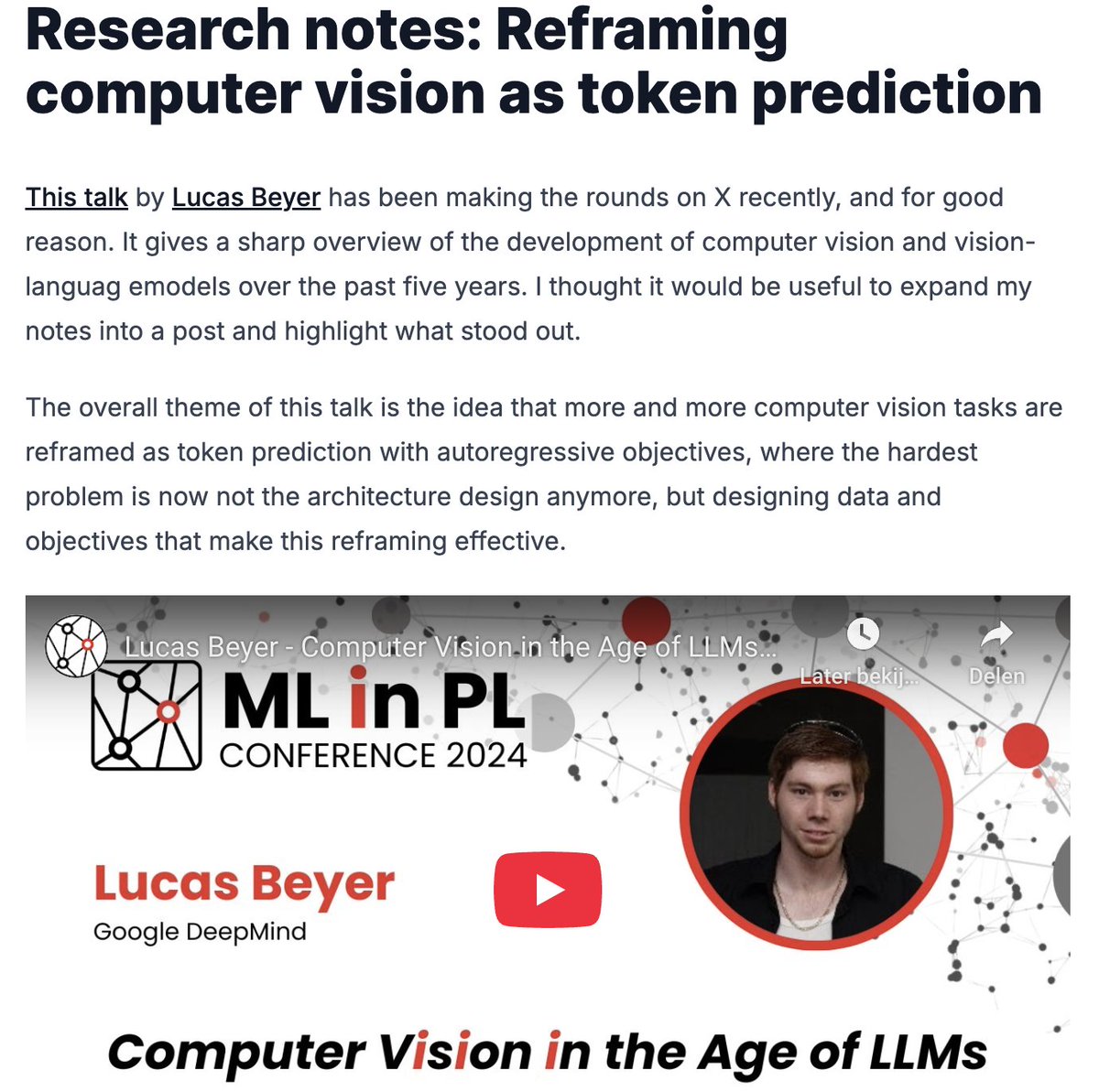 gietema's tweet image. Liked this talk by @giffmana about computer vision in the age of LLMs, so I published my summary notes: