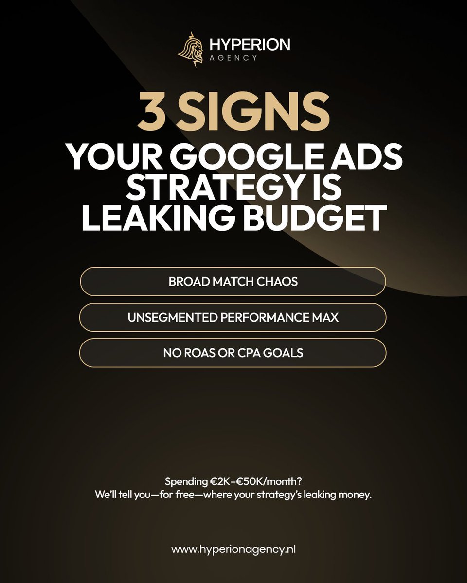 Hyperion_agency's tweet image. If you&apos;re managing a Google Ads budget between €2K–€50K/month, it&apos;s time to identify the leaks:
⚠️ Broad Match Chaos
⚠️ Unsegmented Performance Max
⚠️ No ROAS or CPA Goals

#GoogleAdsOptimization #HyperionAgency #SmartAdSpend #DigitalMarketingExperts #ROAS
