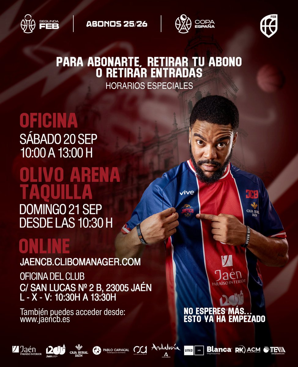 📢🏀 Horarios especiales para abonarte y retirar tu abono o entradas

👉 Sábado 20 de septiembre
🕙 Oficinas del club (Sede UNED, C/ San Lucas 2B) → de 10:00 a 13:00 h

👉 Domingo 21 de septiembre
🎟️ Taquillas Olivo Arena→ desde las 10:30 h (abonos y entradas)
