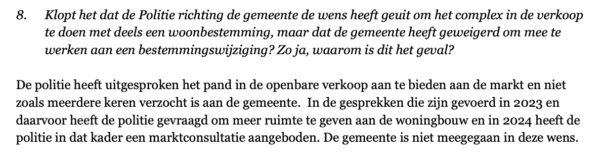 Antwoord gekregen op mijn vragen over het oude politiekantoor (Burg. Patijnlaan). De eigenaar (politie) wil een plan met woningen, maar het college staat op de rem. En dat met een wethouder die in campagnestand non-stop de woningnood aankaart 🫠 Wil hier zeker een debat over!