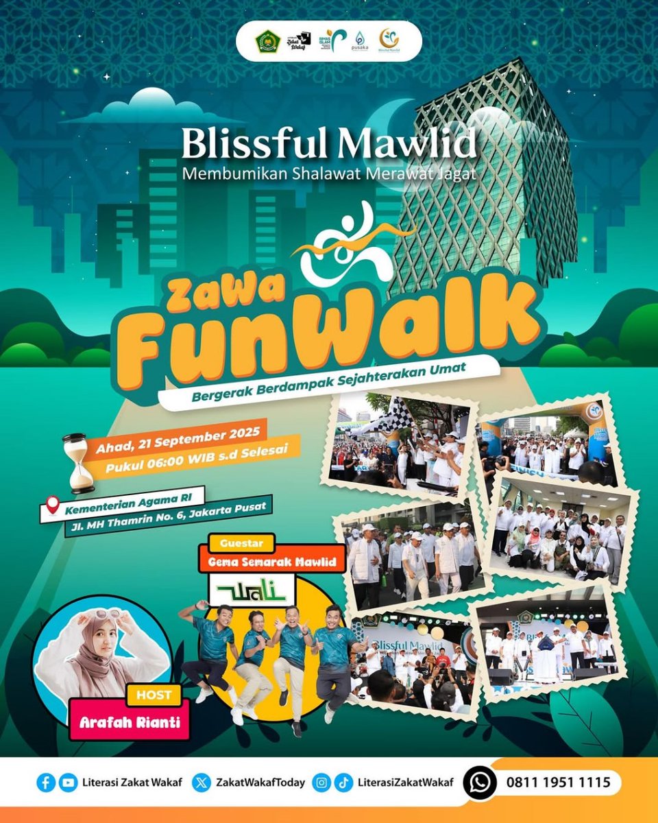 BimasIslam's tweet photo. Yuk ikuti ZaWa Fun Walk, Blissful Mawlid 1447 H dengan tema “Bergerak, Berdampak, Sejahterakan Umat”.

📅 Ahad, 21 September 2025
🕕 Pukul 06.00 WIB – selesai
📍 Kementerian Agama RI, Jl. MH Thamrin No. 6, Jakarta Pusat

#kemenag #bimasislam #sahabatreligi #mawlid #funwalk https://t.co/hUOLPOphnt