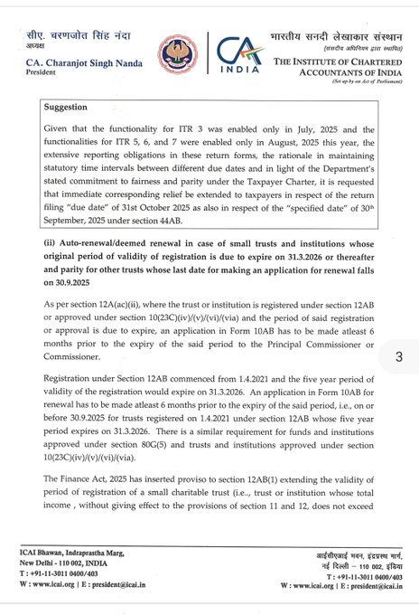 ptalreja8's tweet photo. ICAI President, CA Charanjot Singh Nanda sir pens a letter addressed to CBDT Chairman, demanding relief and extension of due dates of ITRs, Tax Audits and Renewal of Trusts.
#taxaudit #Extend_due_date_now #icai #ca #exte https://t.co/9pIaYvd7yb