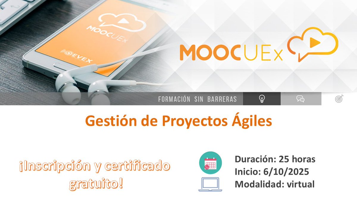ProyectoMoocUEx's tweet photo. 📢¿Quieres aprender a gestionar proyectos de manera eficiente y flexible con la ayuda de metodologías como #Scrum o #Kanban? ¡Inscríbete ya en el #MOOC Gestión de Proyectos ágiles de @infouex!
📅Inicio: 6 de octubre
🖥️Más información e inscripciones en: https://t.co/EatSVdCj5P https://t.co/1Qbz1xk8Ws