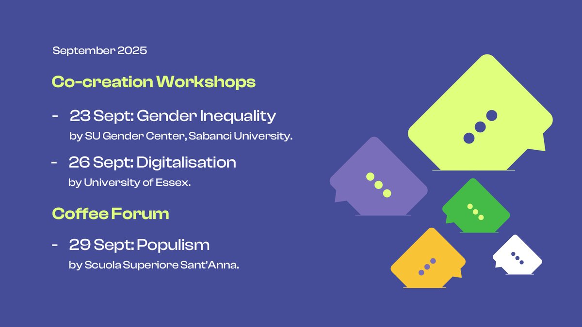 📅September <a href="/express2EU/">Express2project</a> events:
#CocreationWorkshops:
- ⚧️23/09: #GenderInequality(<a href="/SUGenderCenter/">SU Gender</a>, <a href="/sabanciu/">Sabancı Üniversitesi</a>)
- 💻26/09: #Digitalisation(<a href="/Uni_of_Essex/">University of Essex</a>)
#CoffeeForum:
- 📢29/09: #Populism(<a href="/ScuolaSantAnna/">ScuolaSantAnna</a>)
#EUSocialContract <a href="/koebenhavns_uni/">Københavns Uni</a> <a href="/martinicogi/">Giuseppe Martinico</a> <a href="/MericCaglarC/">Meric_Caglar</a> <a href="/AbatAntoni13/">Antoni Abat</a>