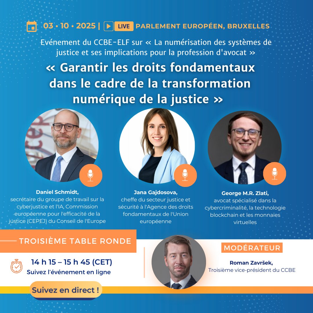 📢Inscrivez-vous pour suivre notre table ronde en ligne : Garantir les droits fondamentaux dans le cadre de la transformation numérique de la justice, de 14 h 15 à 15 h 45 (heure de Bruxelles), le 3 octobre.
🔎Info : ccbe.eu/actions/events…