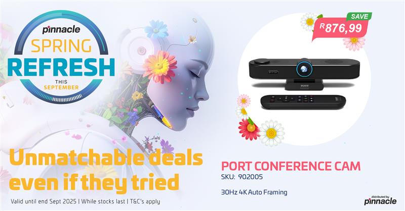 Pinnacle_ICT's tweet image. Upgrade your meetings with the Port Conference Cam
Enjoy 4K Auto Framing at 30Hz and crystal-clear conferencing — now with a saving of R876,99!
Valid until end of September 2025 | While stocks last | T&Cs apply.
🛒 SHOP HERE: pinnacle.co.za/on-promo/sprin…
#SpringRefresh