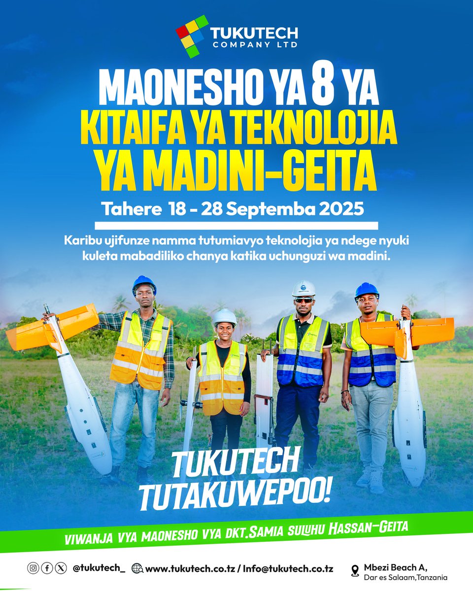 Geita Mining Expo 2025
📍 Geita – Maonyesho ya 8 ya Kitaifa ya Teknolojia ya Madini
🗓️ 18–28 Septemba 2025

Tunajivunia kuonyesha jinsi drone zetu za kiteknolojia zinavyobadilisha uchunguzi wa madini, kuongeza tija na kupunguza gharama. 💡🛩️.