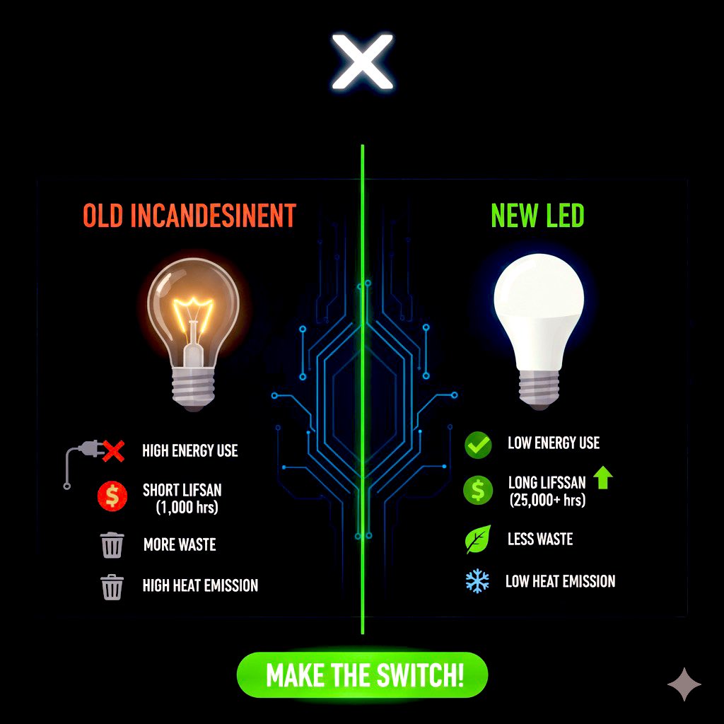 TrackerEco's tweet photo. Still using old incandescent bulbs? ๐คฏ The difference is HUGE! Check out why making the switch to LEDs is a no-brainer for your wallet & the planet. Time to upgrade your home's energy game! โก๏ธ #LEDRevolution #GoGreen #EnergyEfficiency #SustainableLiving #EcoFriendlyTech https://t.co/XyxozMYWVy