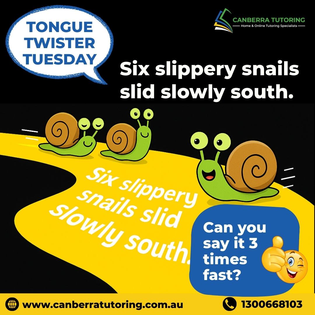 CanberraTutring's tweet image. 🐌 Six slippery snails slid slowly south… Can you say it 3x fast? 😅
Challenge accepted?
Call us today at 1300 668 103 or
visit canberratutoring.com.au
#TongueTwisterTuesday
#CanberraTutoring #FunWithWords #LearningMadeFun