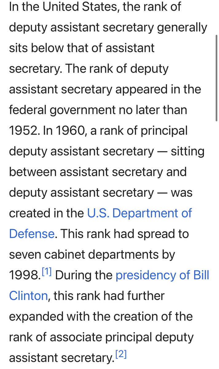 "Associate principal deputy assistant secretary" is a ridiculous title. The Secretary of Defense should become the "Oversecretary of Defense" and everyone moved up one.

Likewise "Attorney General" should be "Attorney Marshal" and outrank generals.
en.wikipedia.org/wiki/Deputy_as…