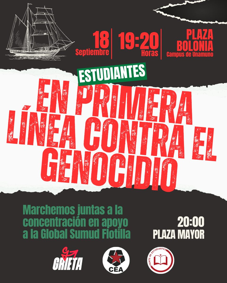 ‼️ Súmate al bloque estudiantil de la manifestación en apoyo a la Global Sumud Flotilla

✊🏻 Estudiantes en primera línea contra el genocidio 🇵🇸