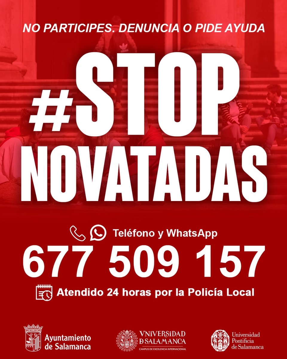 aytoSalamanca's tweet photo. ❌Las novatadas NO son una bienvenida.
#Salamanca tiene una oferta muy amplia de ocio responsable.
🖐️No participes. Denuncia o pide ayuda
📞677 565 514 teléfono/whatsapp
Atendido 24h por Policía Local
#StopNovatadas
@aytoSalamanca
@usal
@upsa https://t.co/XrfcugIJm0