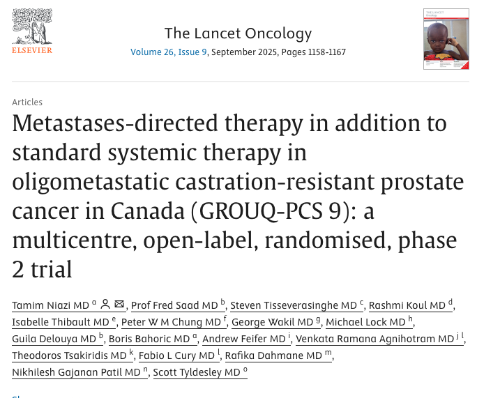 Advanced Prostate Cancer Consensus Conference (@apccc_lugano) on Twitter photo Metastases-directed therapy in addition to standard systemic therapy in oligometastatic castration-resistant prostate cancer in Canada (GROUQ-PCS 9)
sciencedirect.com/science/articl…
The phase 2 PCS-9 trial evaluated the addition of stereotactic body radiotherapy (SBRT) to standard Metastases-directed therapy in addition to standard systemic therapy in oligometastatic castration-resistant prostate cancer in Canada (GROUQ-PCS 9)
sciencedirect.com/science/articl…
The phase 2 PCS-9 trial evaluated the addition of stereotactic body radiotherapy (SBRT) to standard