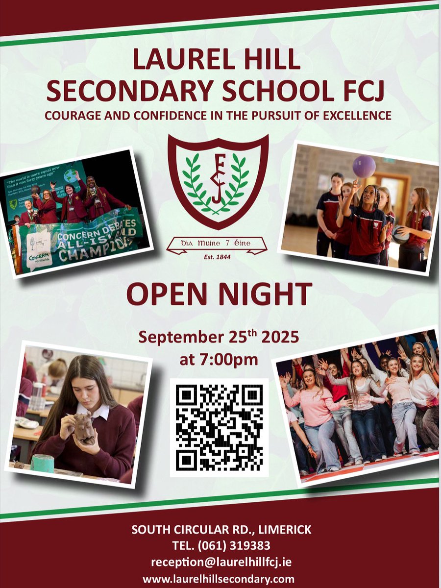 Looking forward to welcoming everybody to our open night! 

📆 Thursday 25th September 

⏰ 7:00pm 

🏫 Laurel Hill Secondary School