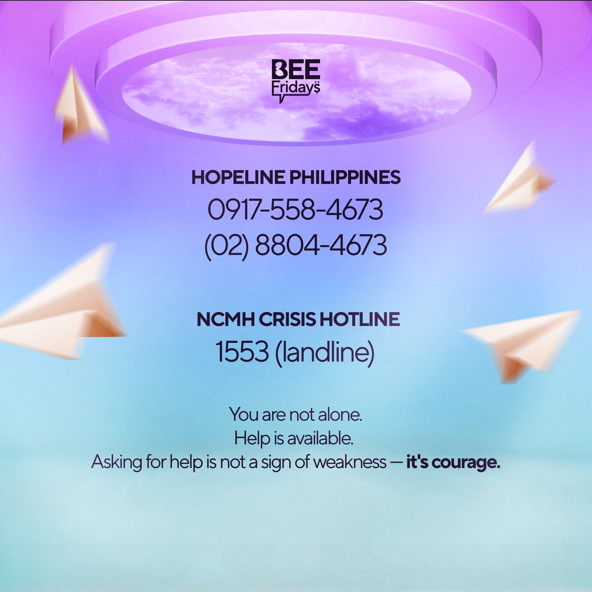 Kapit lang, KaiBEEgan! 💛
This Bee Fridays, September 19 (Friday) at 10PM we’re holding space for hope and healing in honor of Suicide Prevention Month. Sama-sama tayong kakapit—no one has to go through it alone. 🥹🫶🏻
#BeeFridays #KapitLangKaiBEEgan #SuicidePreventionMonth #BINI