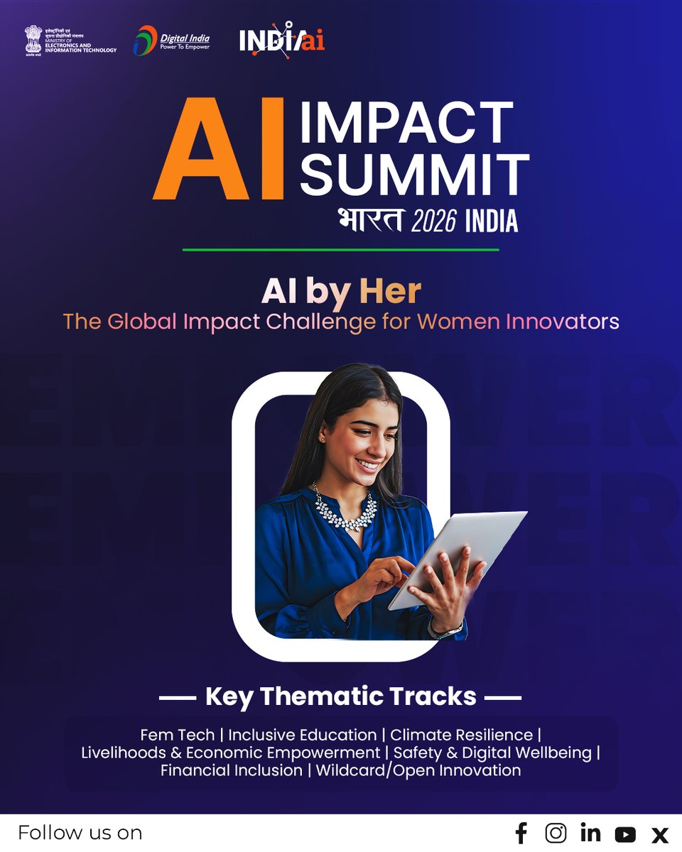 OfficialINDIAai's tweet image. India AI Mission is pleased to announce the AI by HER – Global Impact Challenge for Women Innovators, a global call for women technologists to design AI-for-good solutions that address pressing public challenges, where participants can submit innovations under the following…