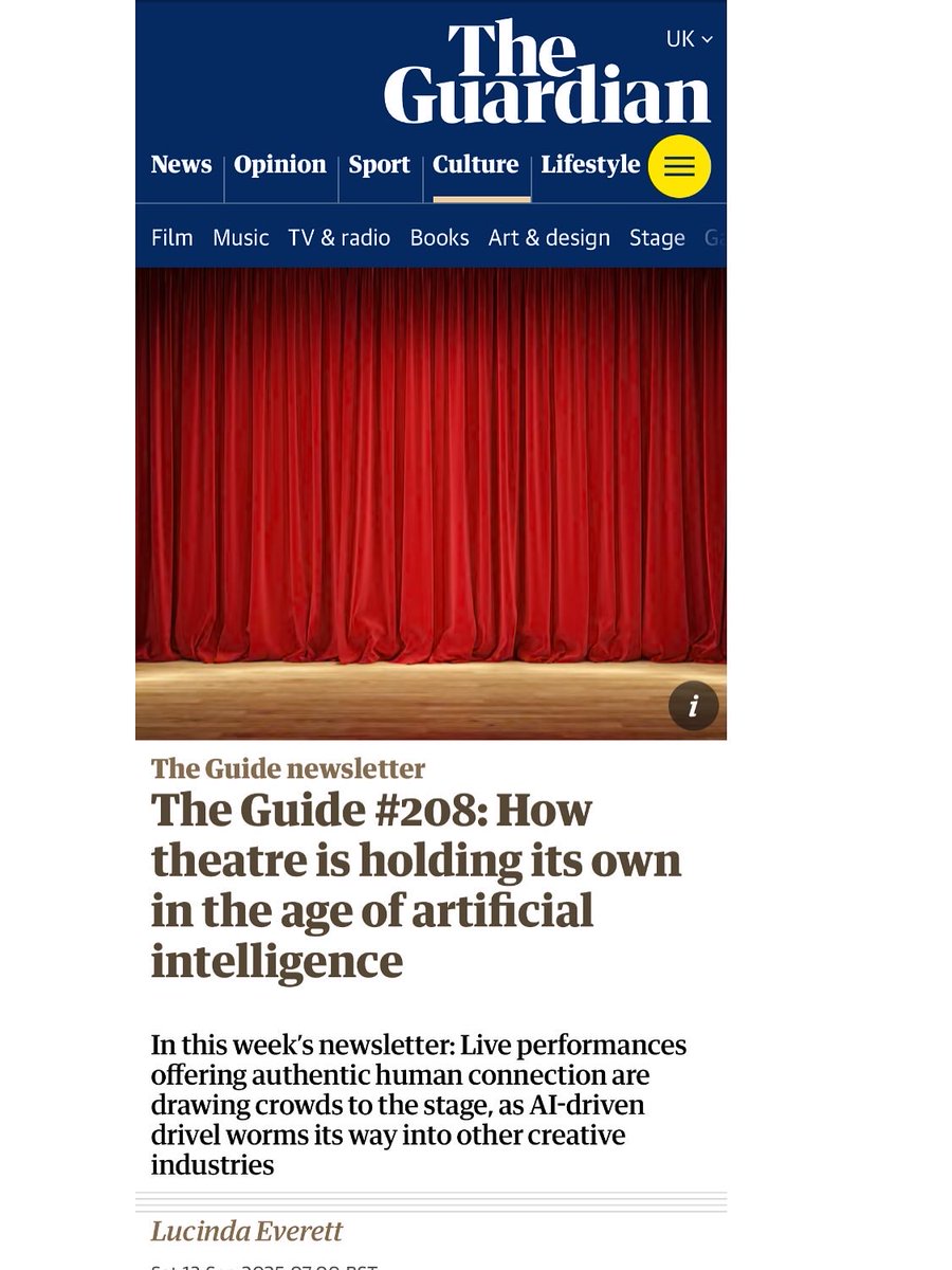 Of all of the art forms I write about, theatre is my favourite. So I was mooore than happy to bang on about how special it is in the <a href="/guardian/">The Guardian</a> — specifically about how well it’s holding up against AI’s invasion of the arts. Thanks for having me <a href="/tobymoses/">Toby Moses</a> tinyurl.com/43e9mwdk